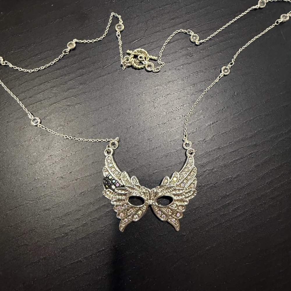 Silver Crystal Masquerade Mask Pendant Necklace - Women Jewelry